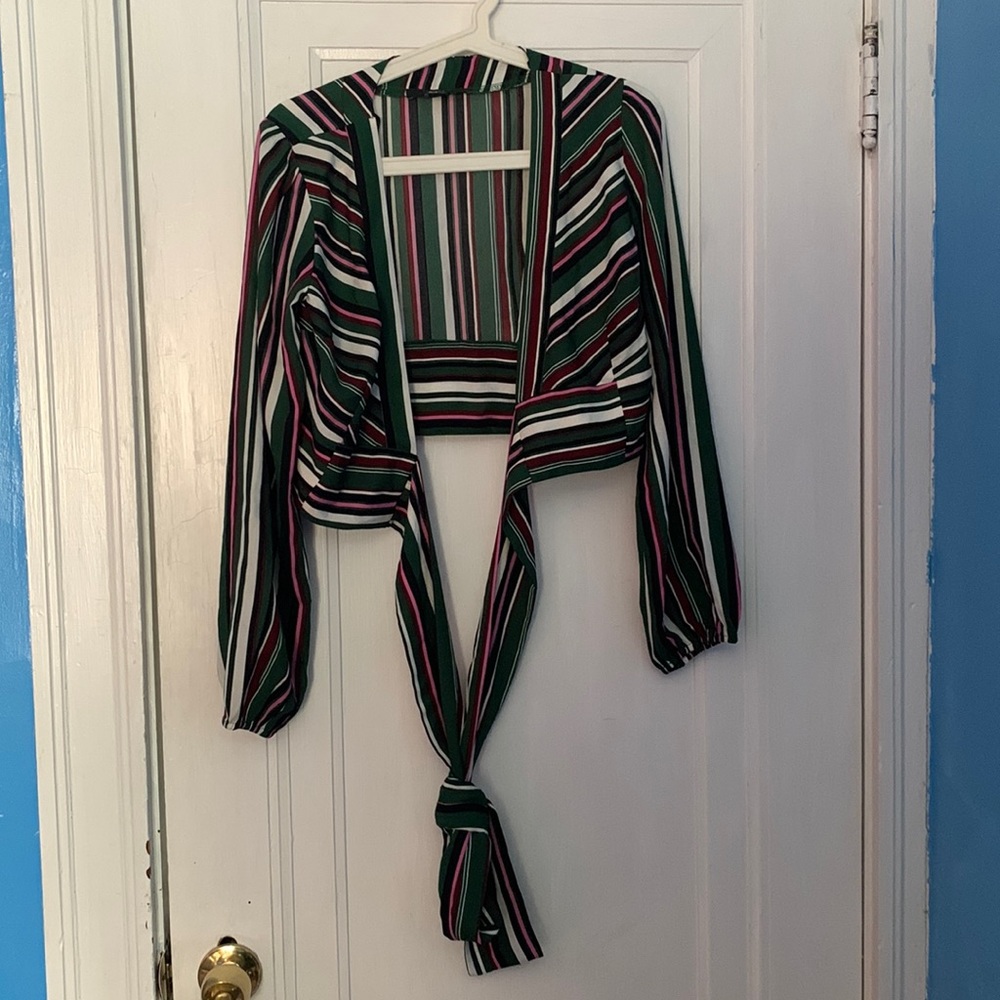 Forever 21 Green Black Pink White Striped Long Sleeve Tie Top